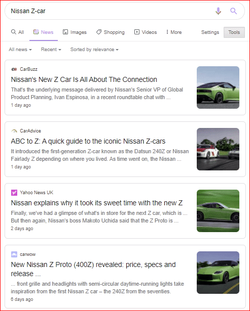 News results (Nissan Z-car)