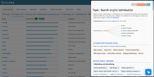 Semantically related topics broken out by industry, which you can click to add to your brief.