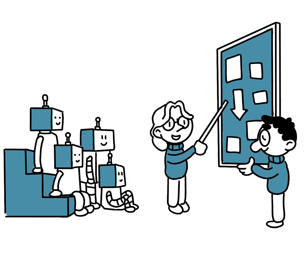 A Carton Human training Cartoon Robots