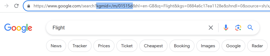 The URL of a Google search result showing the KGID value for the entity "flight".