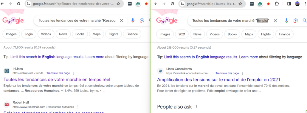 Two french Google SERP results highlighting the effect of JavaScript SEO changing the index.