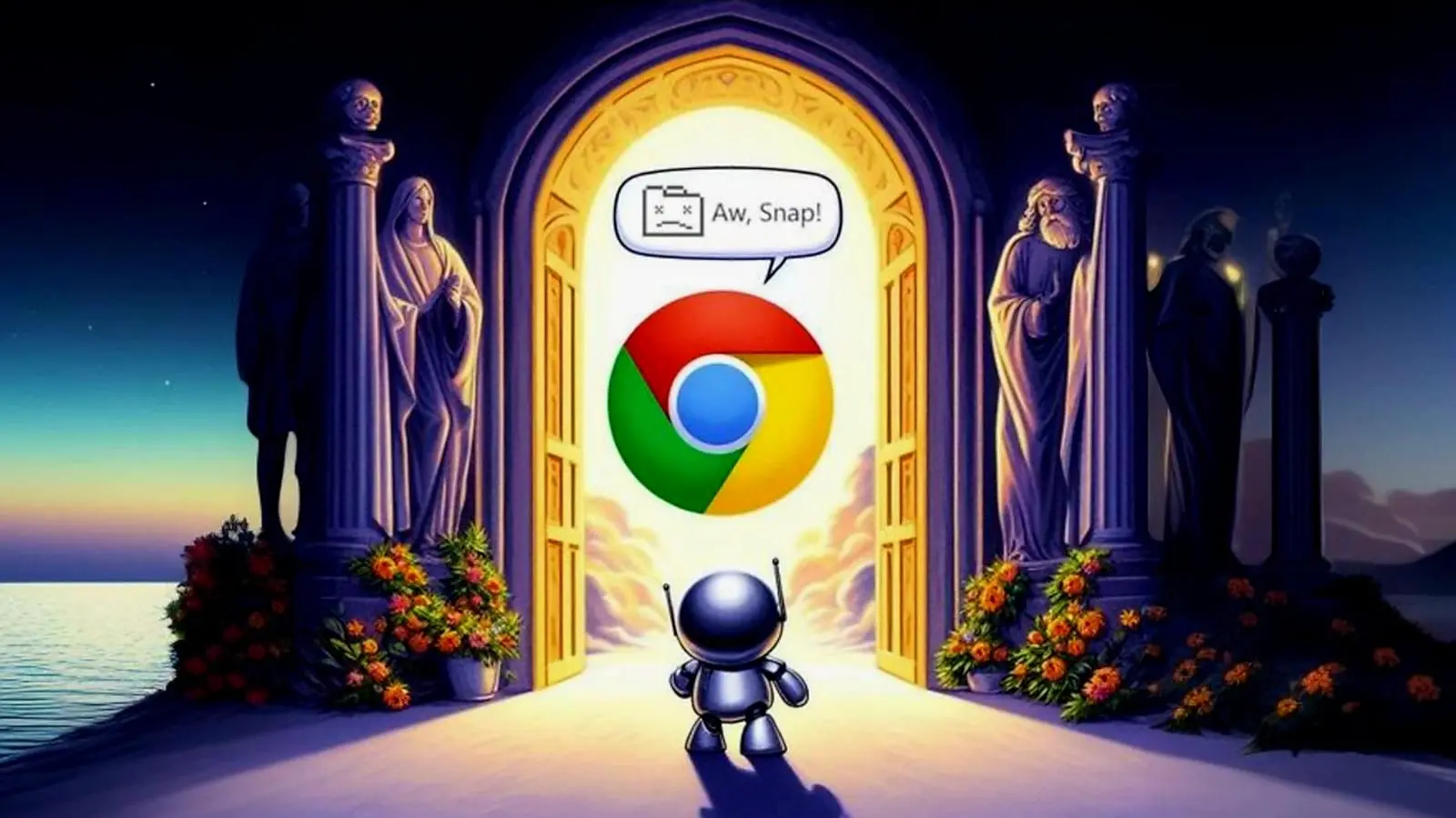 An AI-generated cartoon-style 3D illustration of a Google bot walking up to the gates of schema markup heaven. Its buddy Chrome is already at the entrance, about to enter, when it suddenly stagnates and utters the words, "Aw, Snap!".