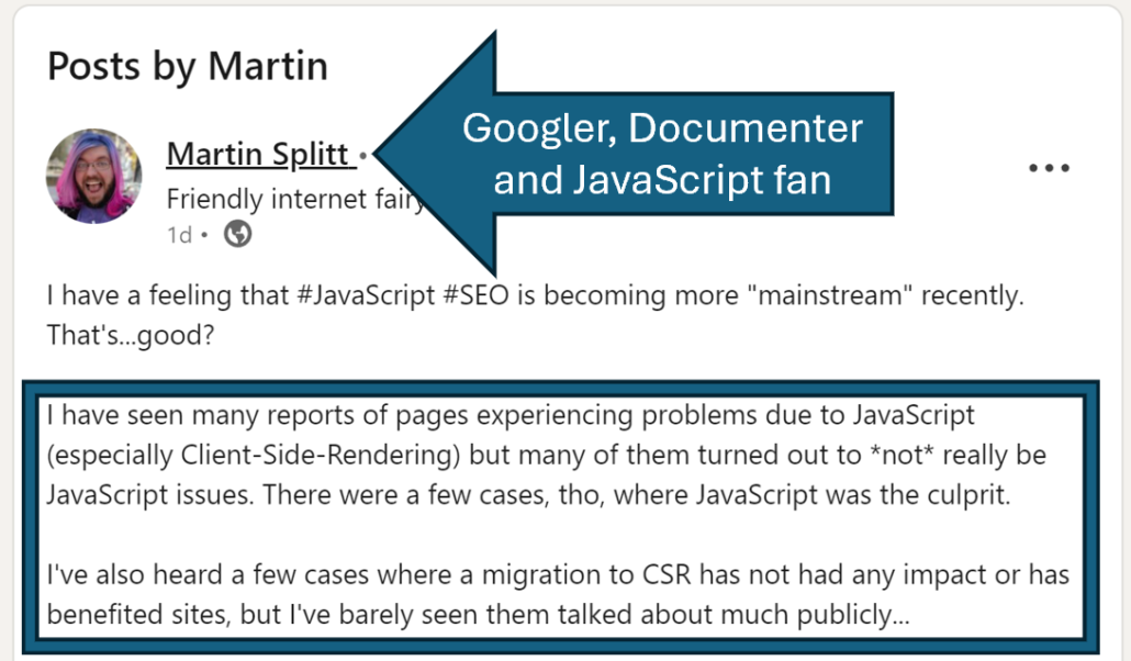 A Linkedin Post by Martin Splitt of Google